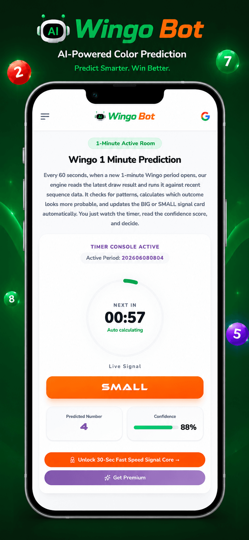 Wingo 1 minute prediction screenshot showing live BIG SMALL signal, period timer, confidence score, and recent history