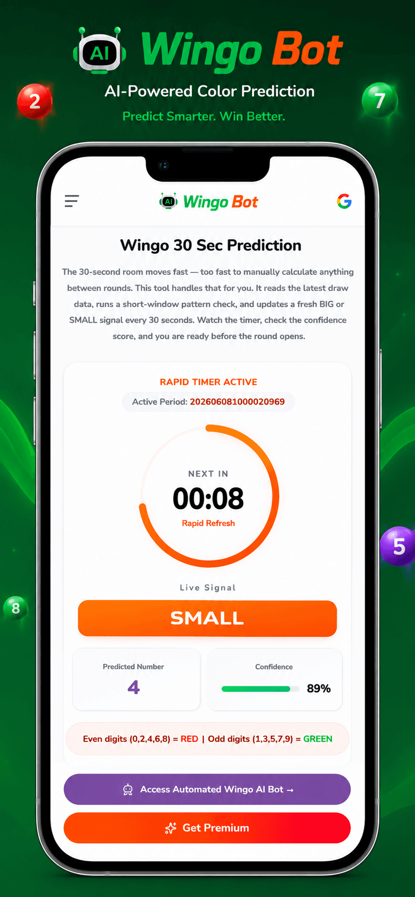 Wingo 30 second prediction screenshot with fast BIG SMALL signal, countdown, confidence, and rapid game history