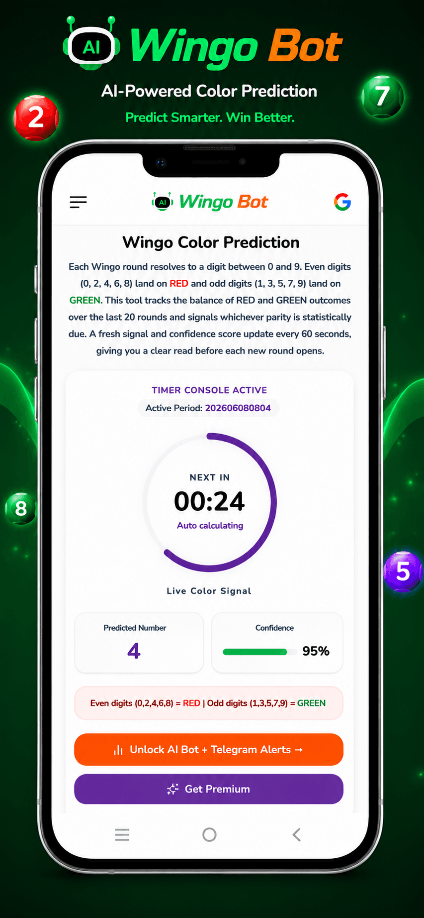Wingo Bot mobile screenshot showing AI powered color prediction, live timer, predicted number, and confidence score