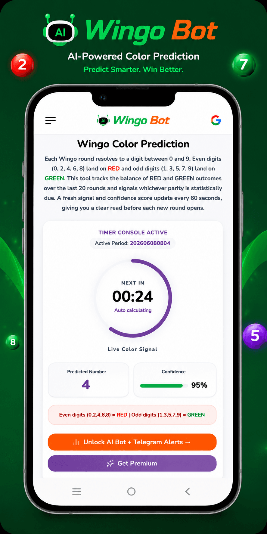 Wingo color prediction screenshot showing red green prediction, number forecast, confidence score, and color history